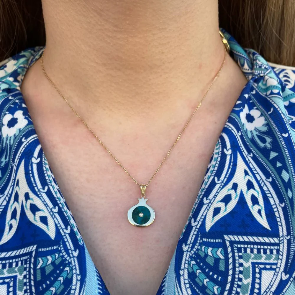 Israeli Eilat & Diamond Pomegranate Pendant in 14K Gold - Image 5