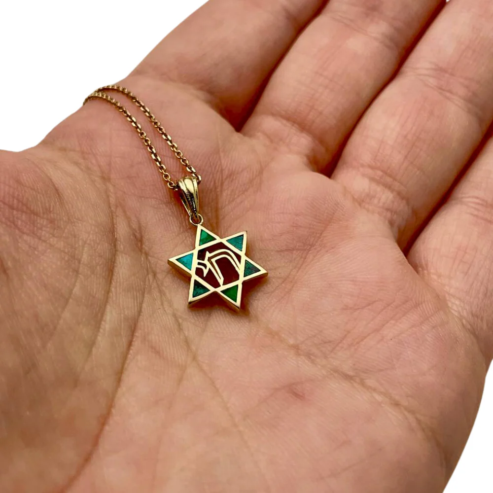 Star of David and Chai Pendant with Eilat Stone in 14K Gold - Image 3