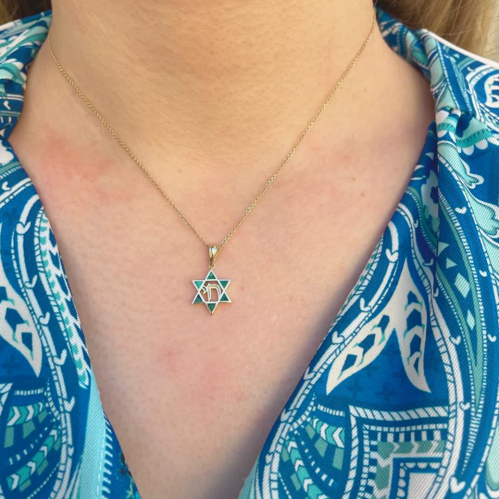 Star of David and Chai Pendant with Eilat Stone in 14K Gold - Image 5