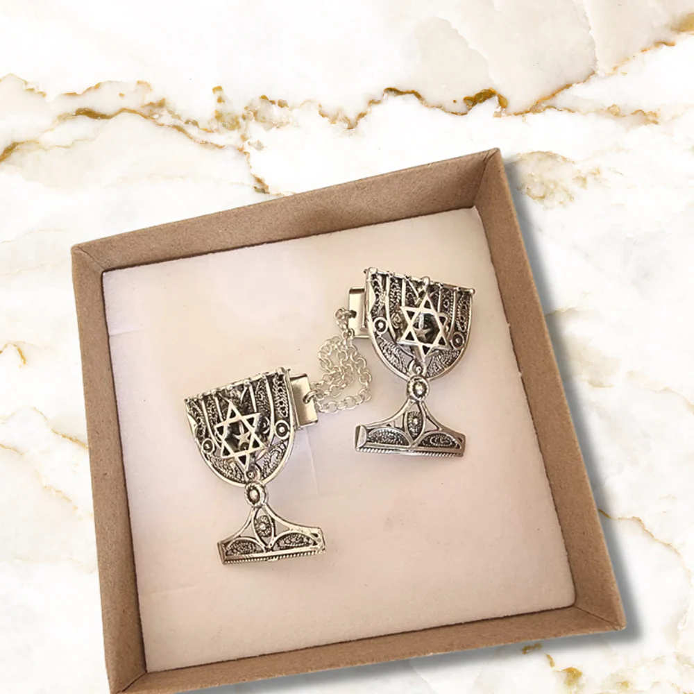 Menorah Star of David Silver Filigree Tallit Clips - Image 6