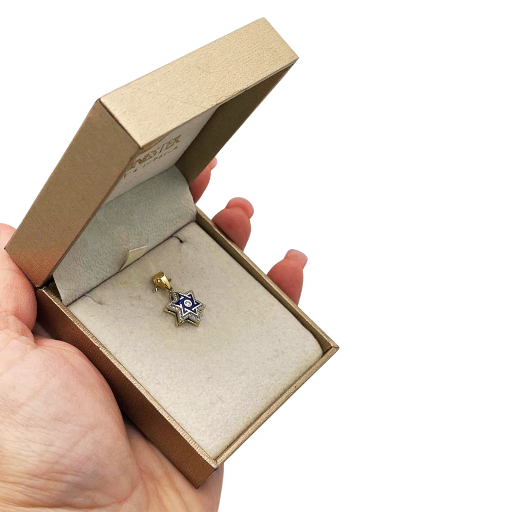 Star of David Pendant with Diamond Studded Border in 14K Yellow & White Gold with Blue Enamel - Image 4