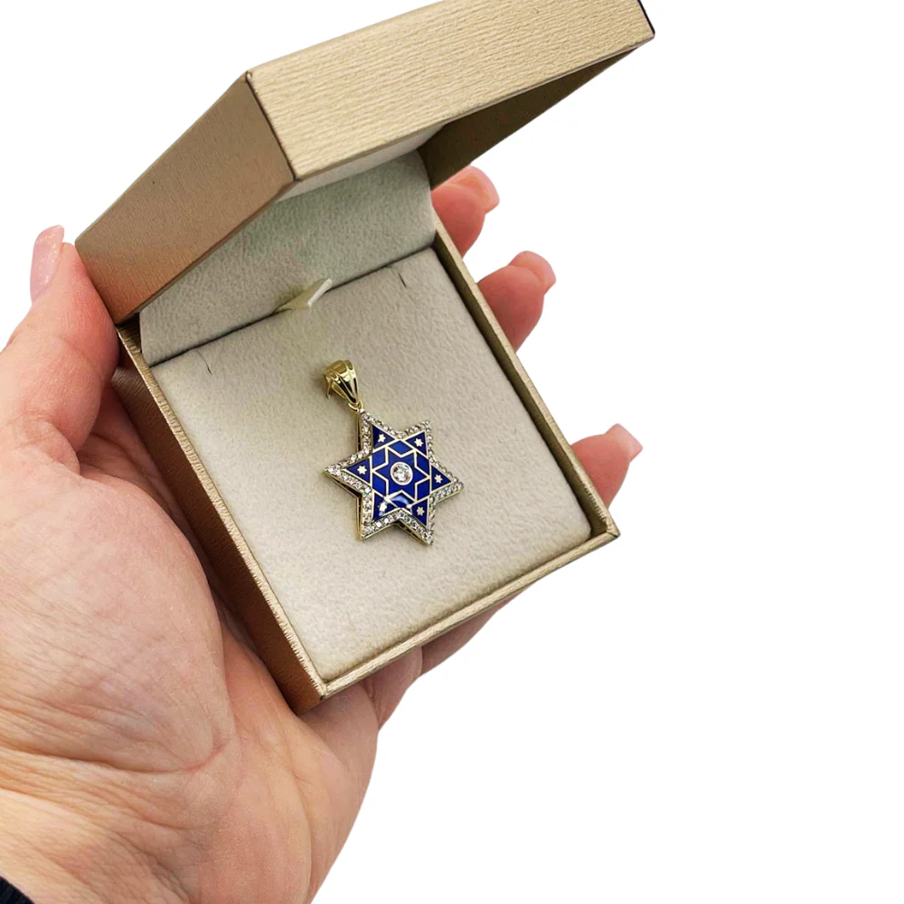 Diamond Star of David Pendant in 14K Gold with Blue Enamel - 1.2" Size - Image 4