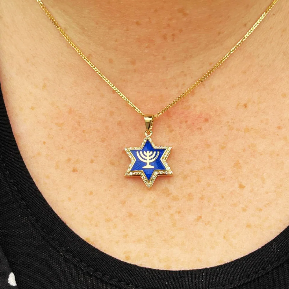 Diamond Star of David Menorah Pendant in 14K Gold and Blue Enamel - Image 8