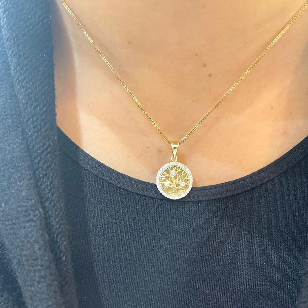 14K Yellow Gold Round Tree of Life Pendant With Diamonds (Small) - Image 3